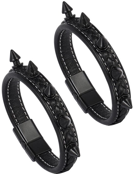 Bracciali in pelle punk con punte e stecche - 2 pezzi - unisex - 21 cm di lunghezza - materiale PU reso resistente