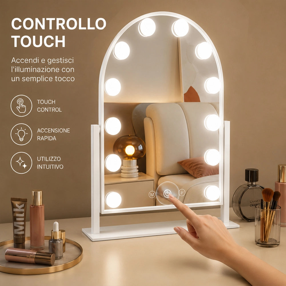 Specchio ad Arco da Tavolo Struttura in Alluminio e Led a Bulbi 3 Colori 30x40cm