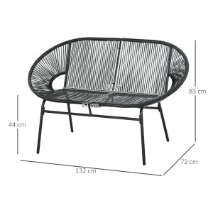 Panca Da Giardino Due Posti In Rattan Nero 132 X 72 X 83 Cm Per Veranda E Balcone
