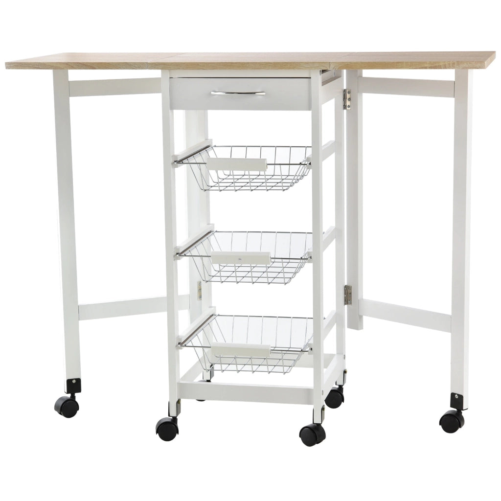 Carrello da Cucina 37x37x77,5 cm 3 Cestini 1 Cassetto e Ribalte Bianco e Legno