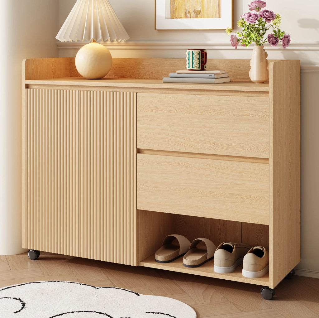Scarpiera mobile in MDF naturale 110x35x86 cm con ruote frenanti e cassetti