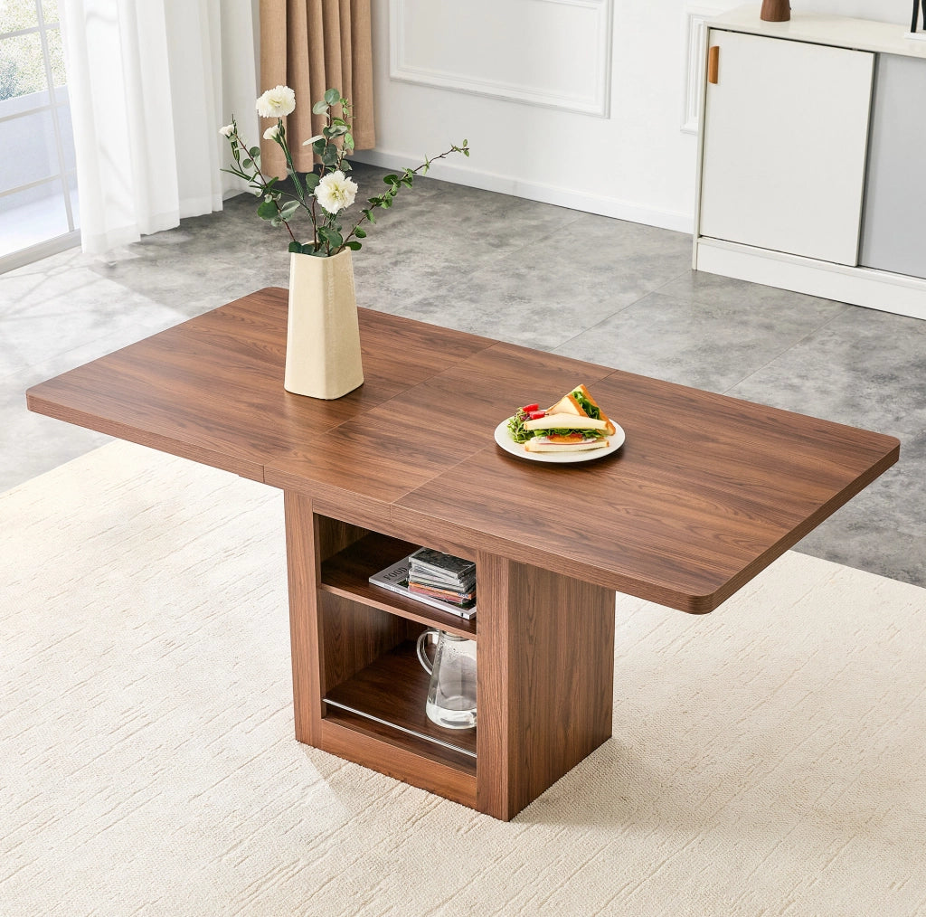 Tavolo da pranzo allungabile con ripiano in MDF; finitura effetto noce