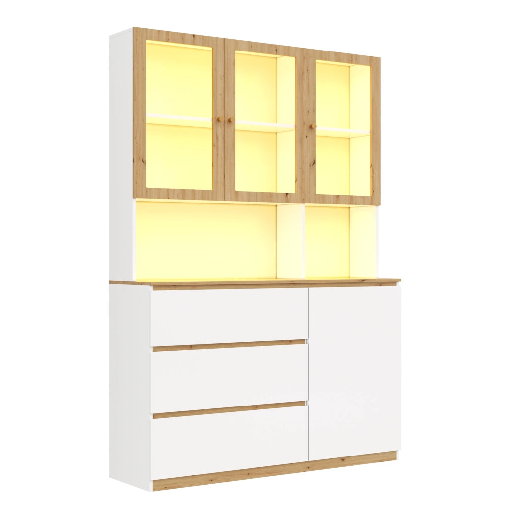 Mobile alto vetrina con LED; 120x200 cm; in MDF bianco ed effetto rovere