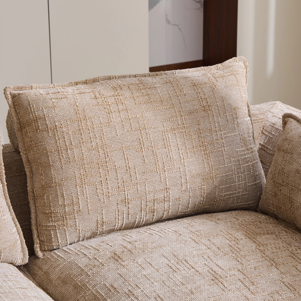 Divano modulare a 3 posti con pouf e cuscini; ciniglia color cachi; 256x161x75 cm