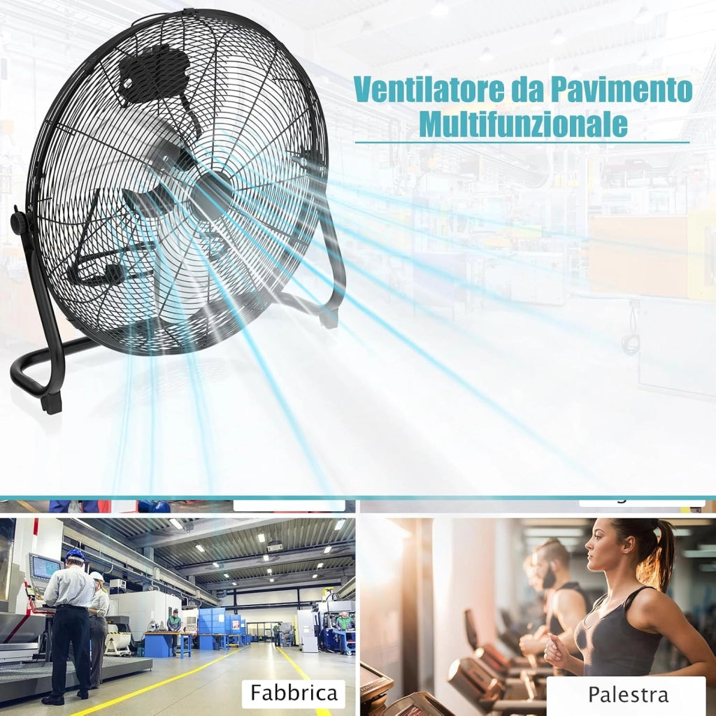 Ventilatori da Pavimento 62 X 20 X 59 CM, 3 Velocità di Vento Regolabili, Ventilatore Industriale in Metallo, Angolo di Inclinazione 145°, per Magazzino, Officina, Cantina, Ufficio (Nero)