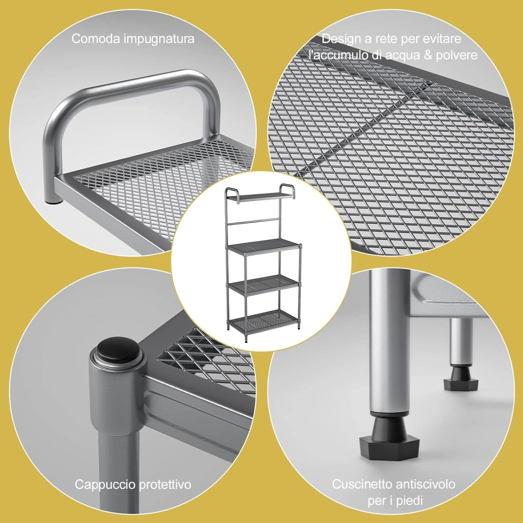 COSTWAY Microonde Scaffale da Cucina per Microonde in Metallo a 4 Ripiani, Carrello per Microonde Scaffalatura Organizzatore Portaoggetti, 60 x 34 x 136 cm (Grigio)
