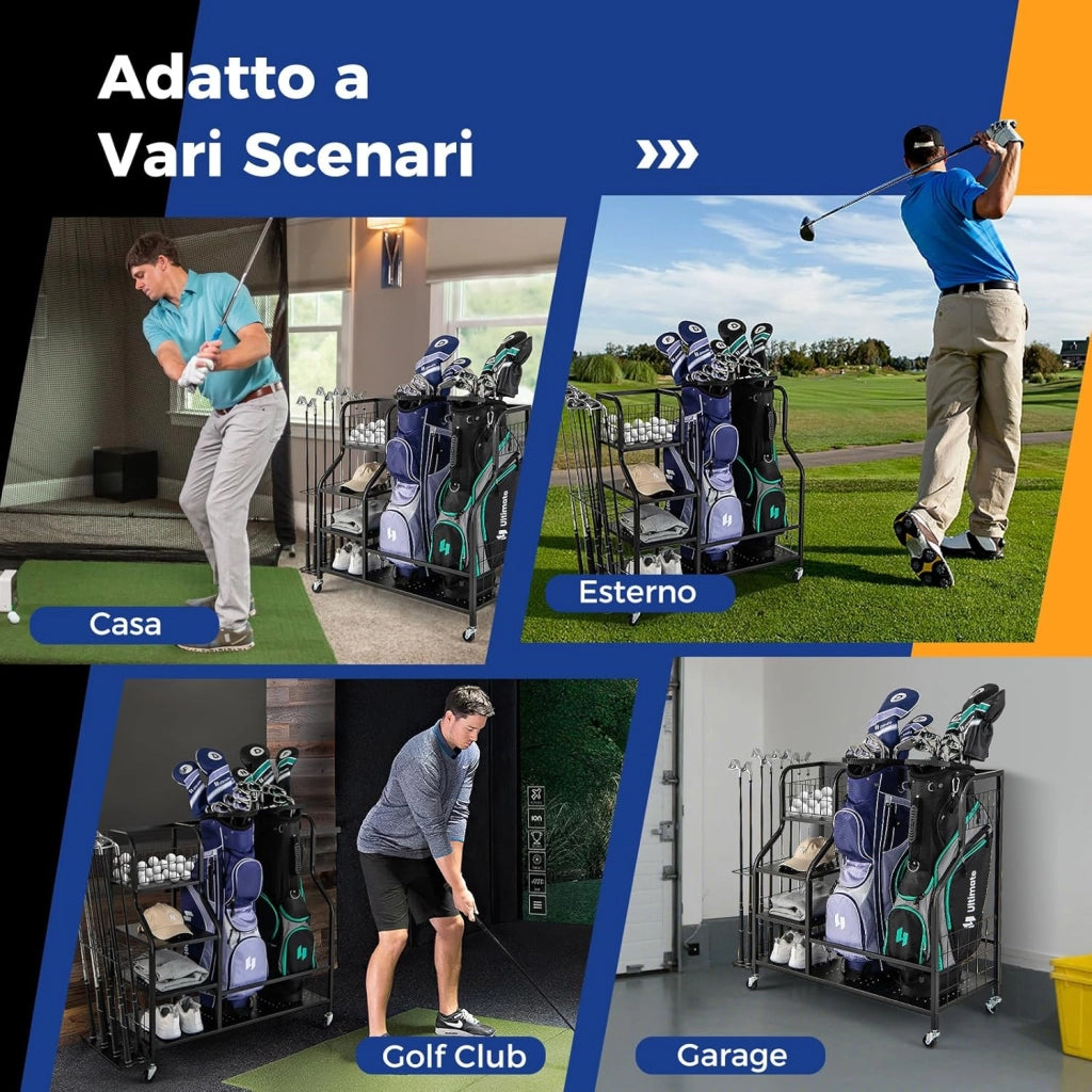 Organizer per Sacca da Golf, Supporto per 2 Borse da Golf con Extra Scaffale di Stoccaggio per Mazze da Golf, 6 Ganci Rimovibili e 4 Ruote per Garage e Club