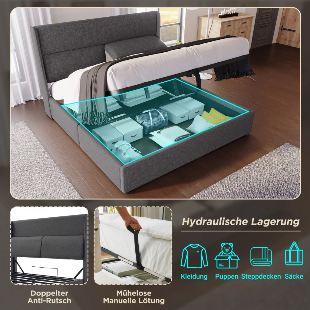 Letto contenitore 140x200 cm grigio con testiera regolabile