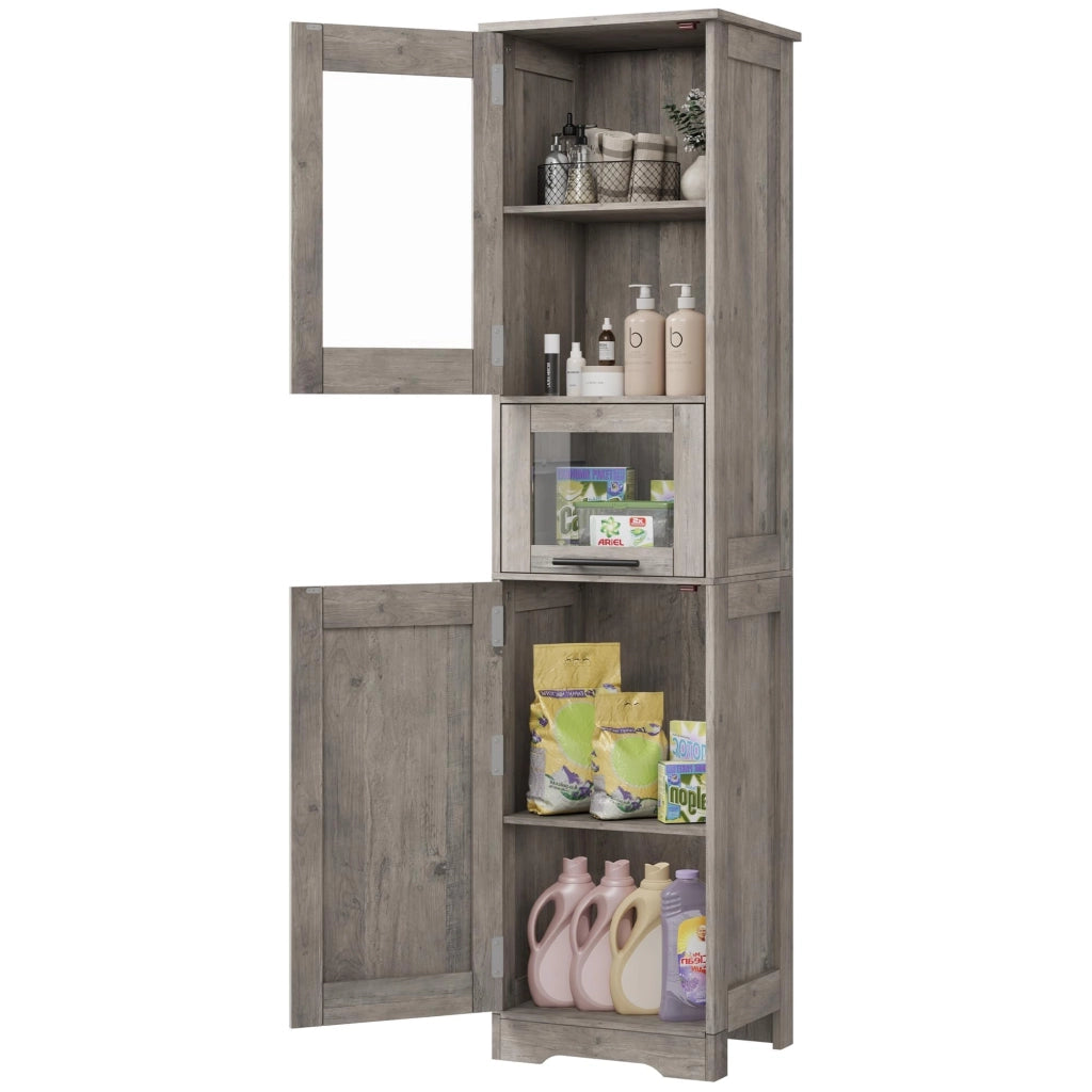 Mobiletto Bagno Alto e Slim 170cm in MDF Grigio, 4 Vani e 1 Cassetto