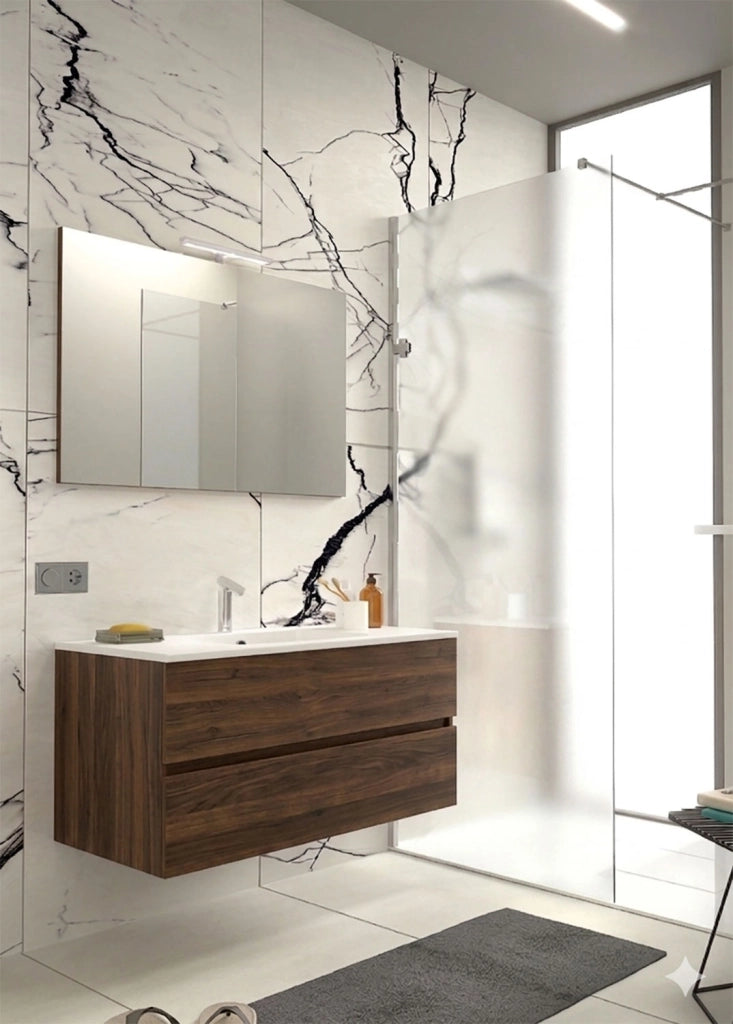 Mobile da Bagno Sospeso con Lavabo 60 cm e Specchio Bali Light Noce Scuro