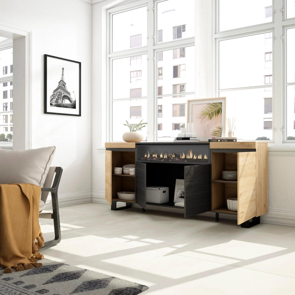 Credenza, Mobile, 200x35x87cm, 4 Porte, Camino elettrico, Design industriale, colore Rovere e nero RF2291