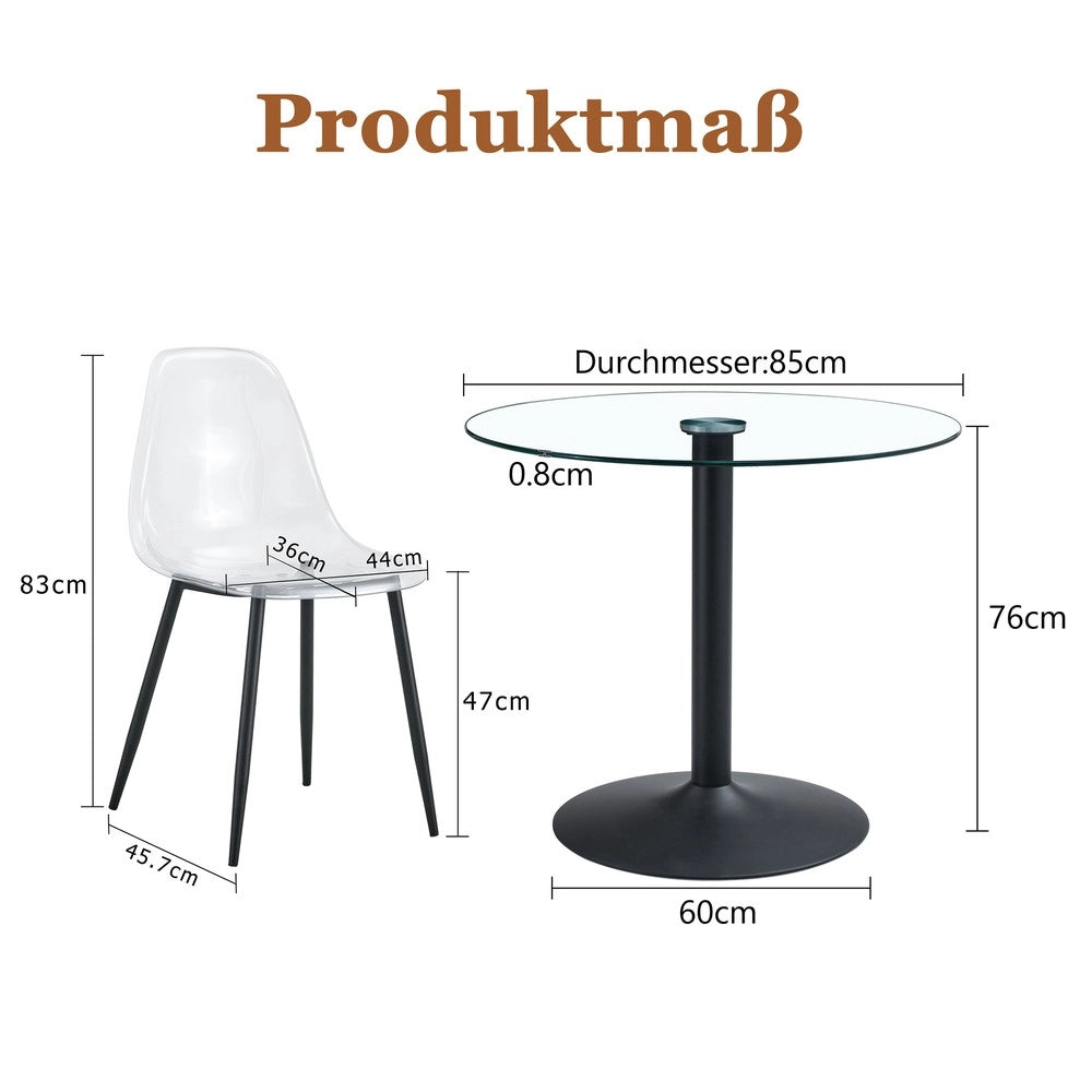 Set Tavolo da Pranzo Rotondo con 4 Sedie ¨C Xylo ¨C Piano in Vetro Temperato Trasparente, ?85 cm