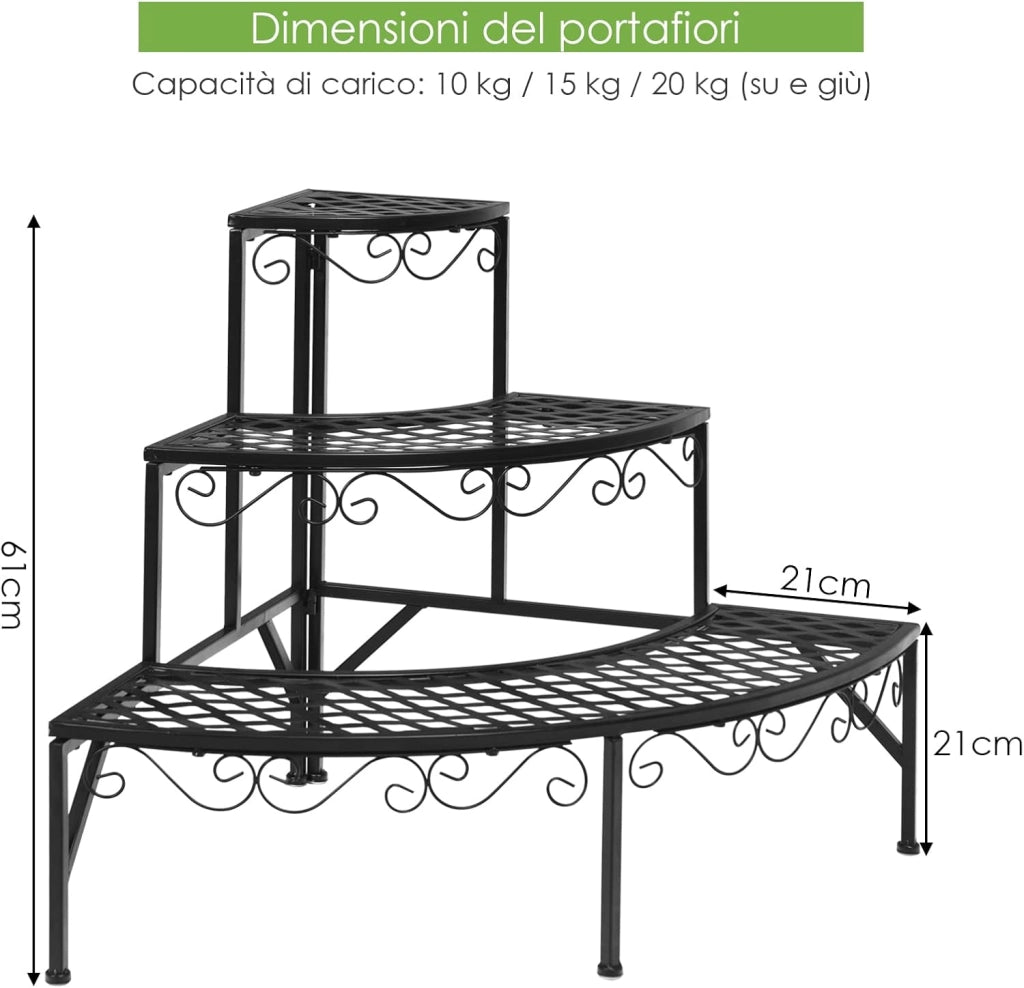 Scaffale Portafiori a 3 Ripiani, Porta Piante da Esterno e Interno a Scala, Scaffale Porta Vasi di Metallo per Balcone, Soggiorno e Giardino, 59 x 59 x 61 cm