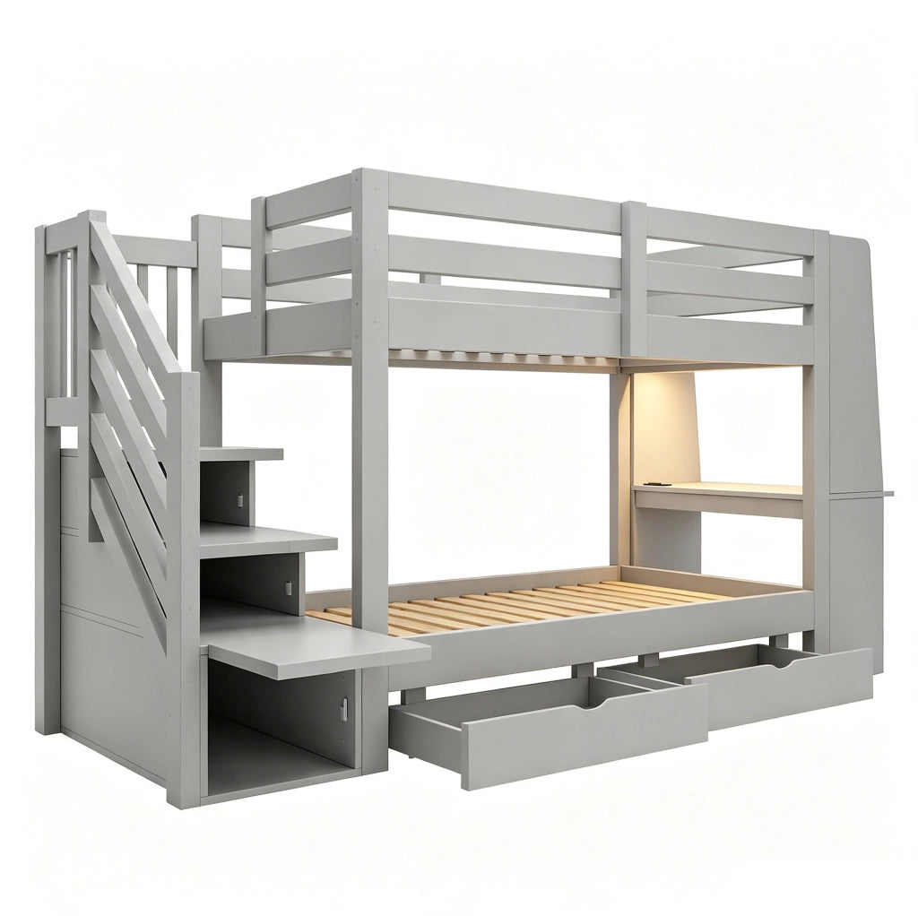Letto a soppalco ULEVR 90x200 cm con scrivania, libreria, scala contenitore, LED e 2 cassetti, grigio