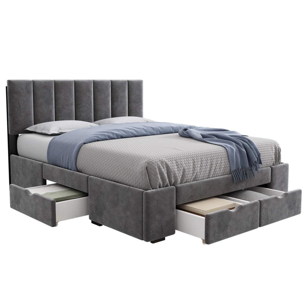 Letto imbottito 140x200 cm; con 4 cassetti e testiera regolabile; velluto grigio (Senza materasso)