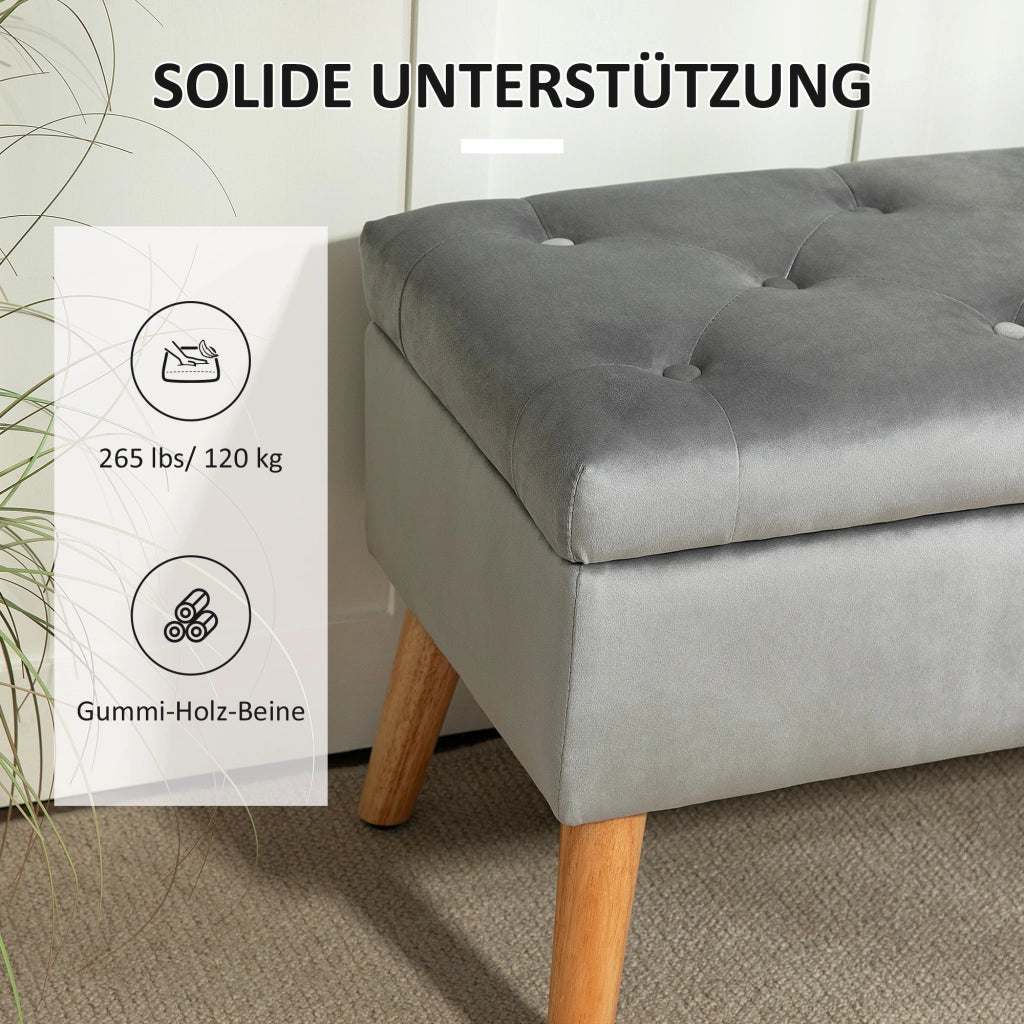 Panca contenitore imbottita con spazio nascosto, bottoni decorativi e gambe in legno in poliestere grigio 80 × 35 × 40 cm