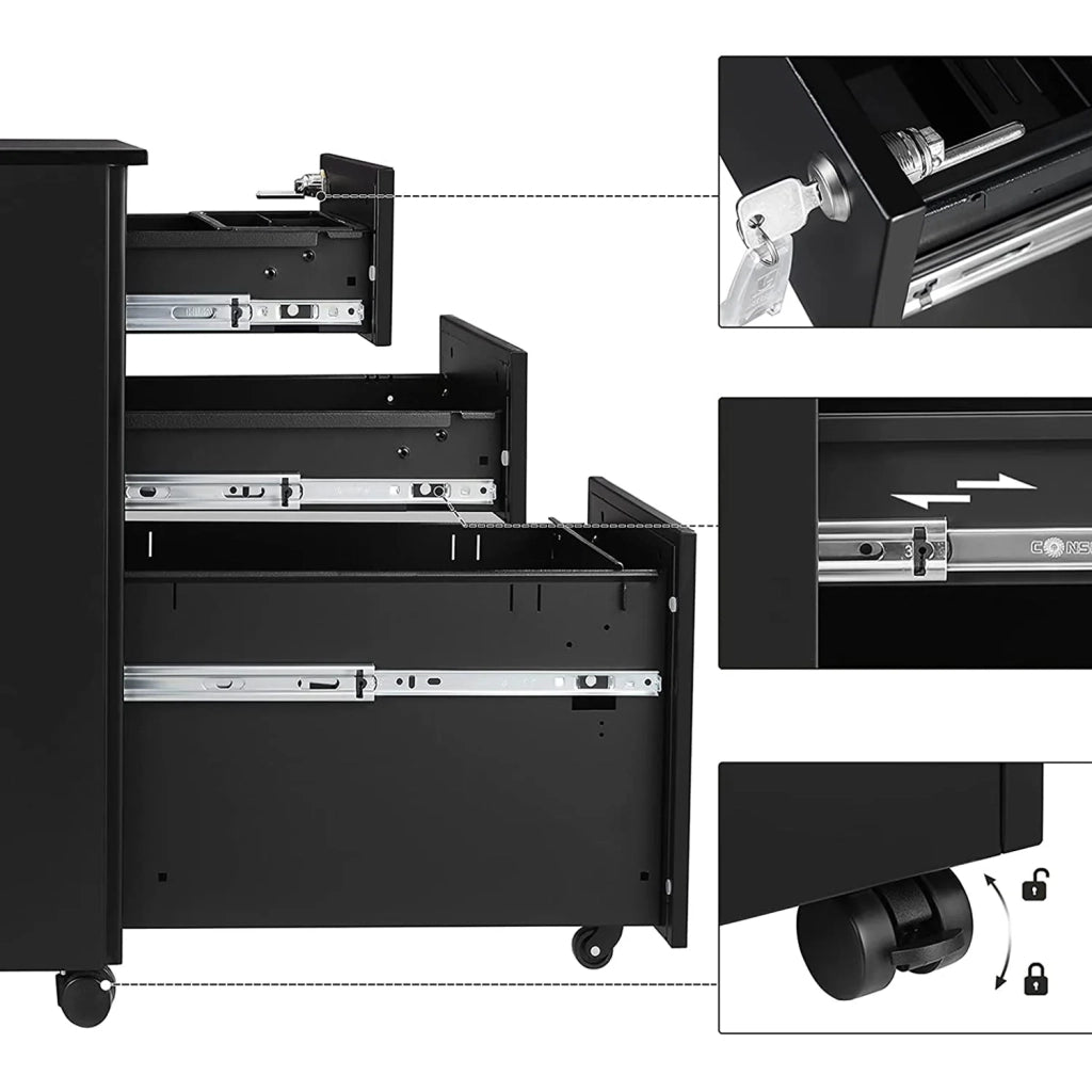 Cassettiera per ufficio su ruote con 3 cassetti e schedario sospeso 30 x 45 x 60 cm armadio per ufficio con serratura per archivi e documenti corpo dell'armadio preassemblato nero 12_0004808