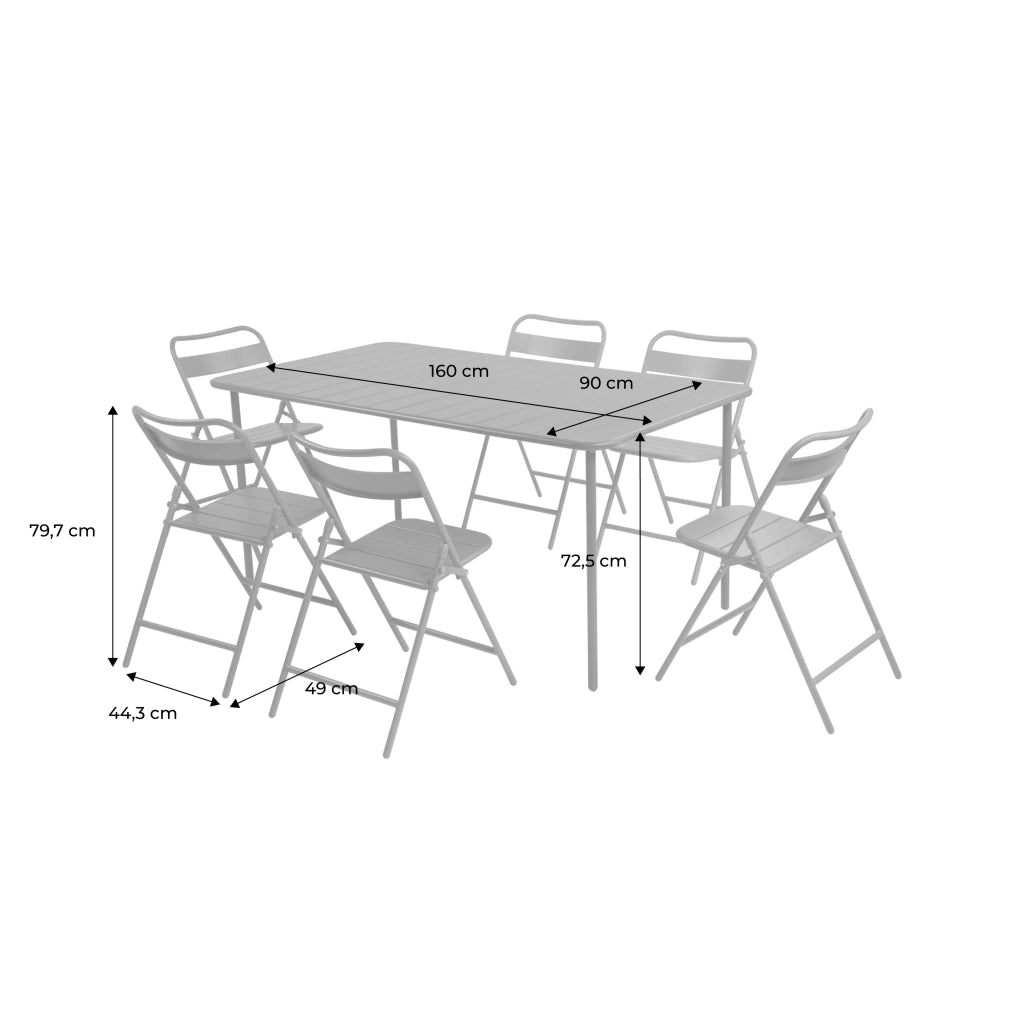 Set tavolo da giardino in acciaio con 6 sedie pieghevoli, 160cm,