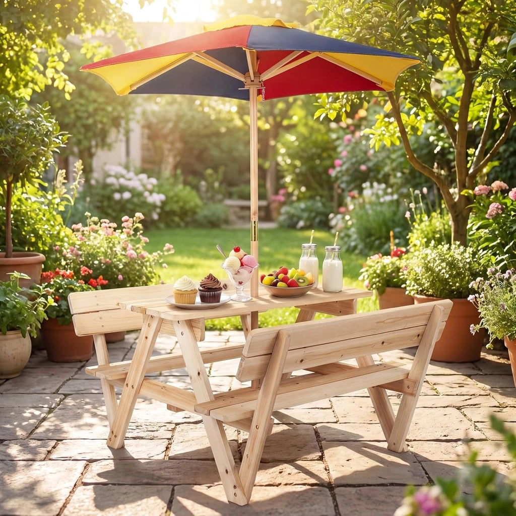 Tavolo da Picnic per Bambini, Set Tavolo e Panche da Giardino con Ombrellone Regolabile in Altezza e Struttura in Legno Massello per Campeggio e Picnic per Bambini 3-8 Anni