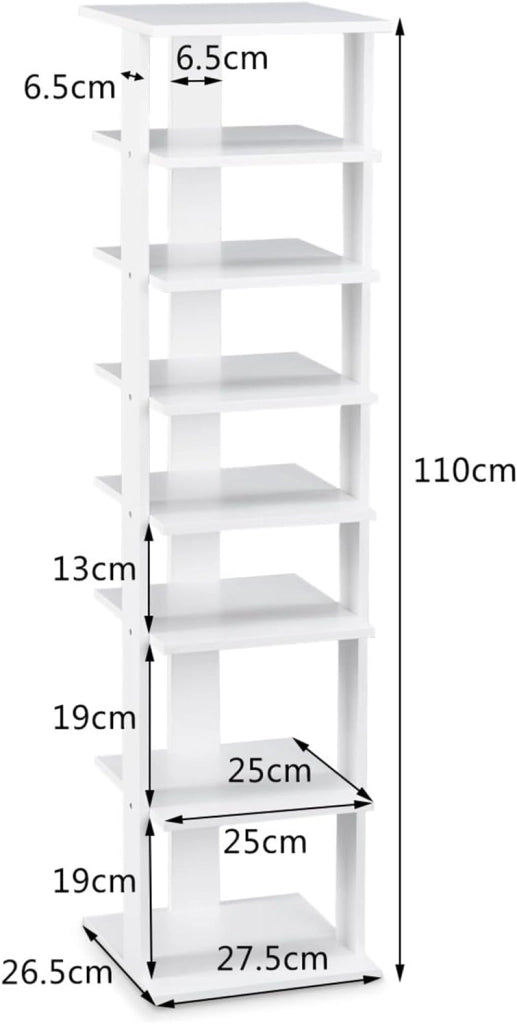 Scarpiera a 7 Ripiani, Scaffale Portascarpe in Legno con 2 Ripiani di Diverse Altezze, Scaffale Portaoggetti Multifunzione per Ingresso Soggiorno Camera da Letto, 28,5x25,5x110 cm (Bianco)