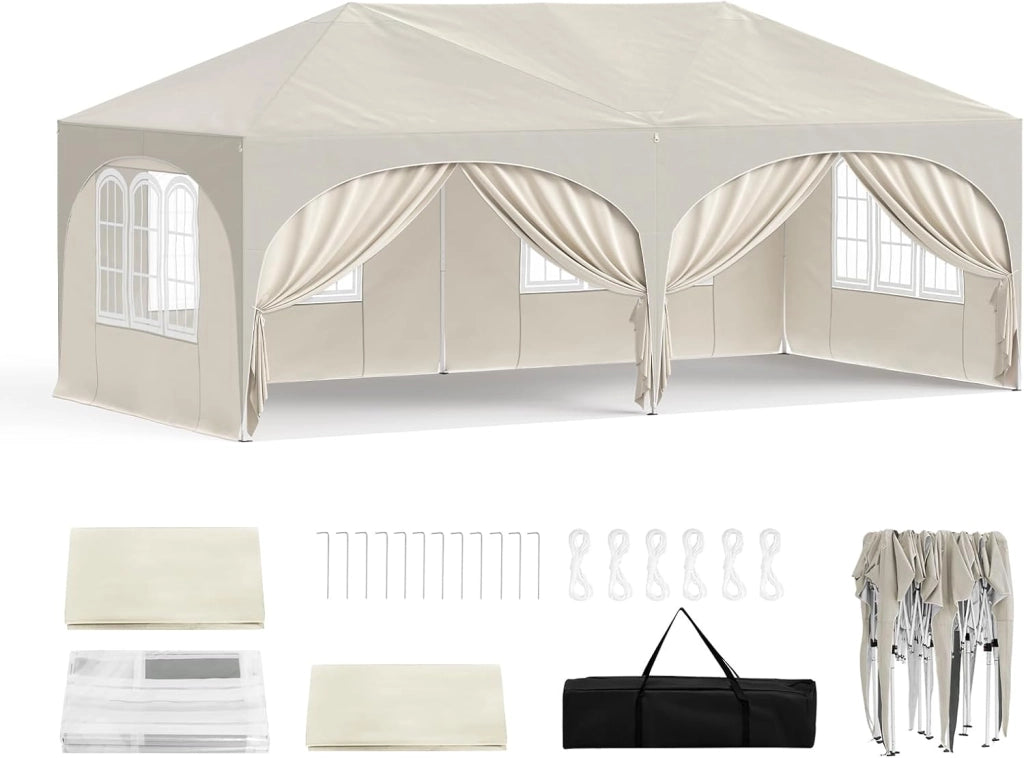 Gazebo Pieghevole da Giardino, Gazebo Idrorepellente Pop Up da 3x6m Pannelli Laterali, Tendone Esterno, Altezza Regolabile, Protezione UV, con Custodia Beige