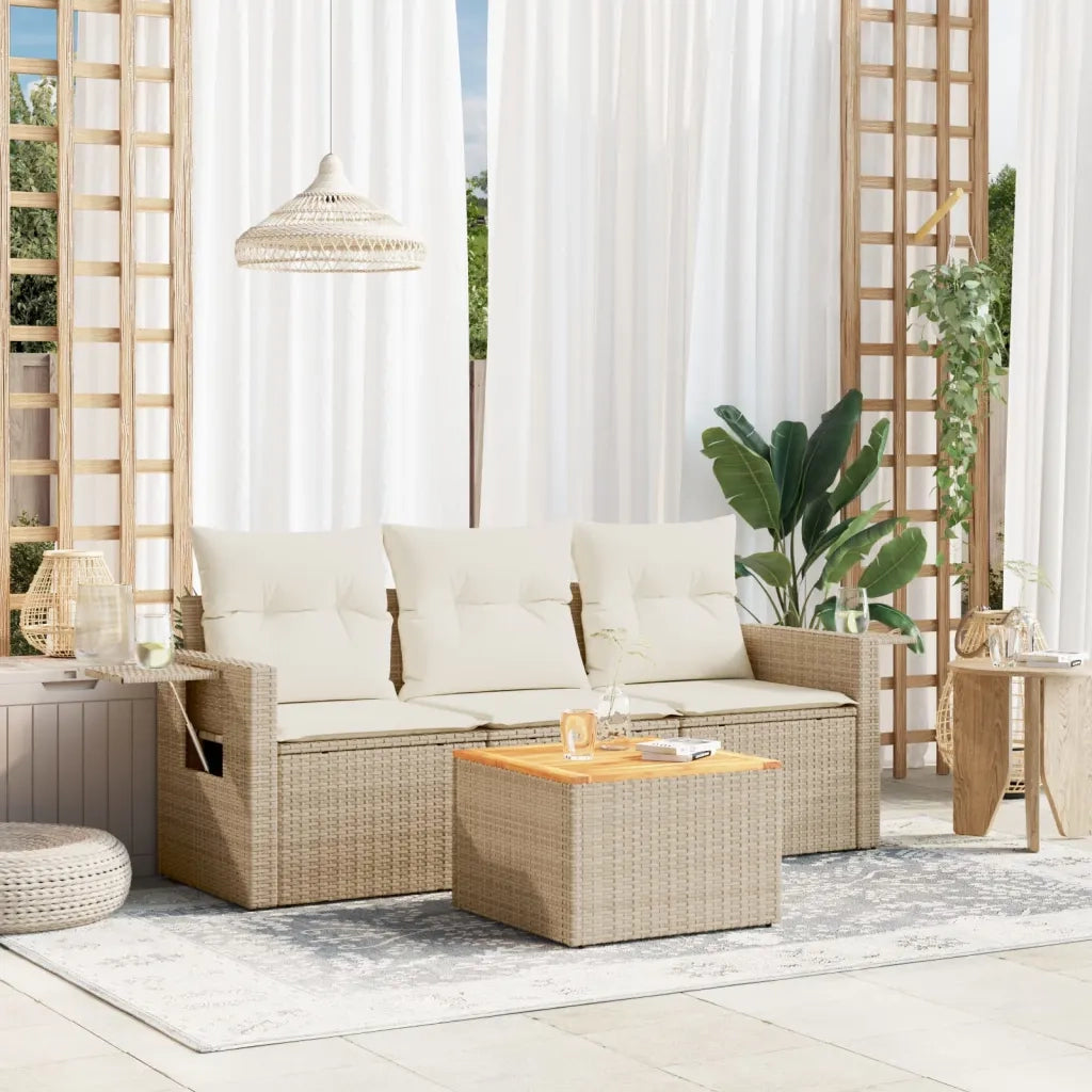 Set Divano da Giardino 4 pz | Set Salotto da Giardino con Cuscini Beige in Polyrattan