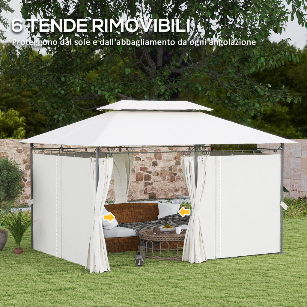 Gazebo da Giardino 3x4 m con Tende Rimovibili. Doppio Tetto e Struttura in Metallo. Crema
