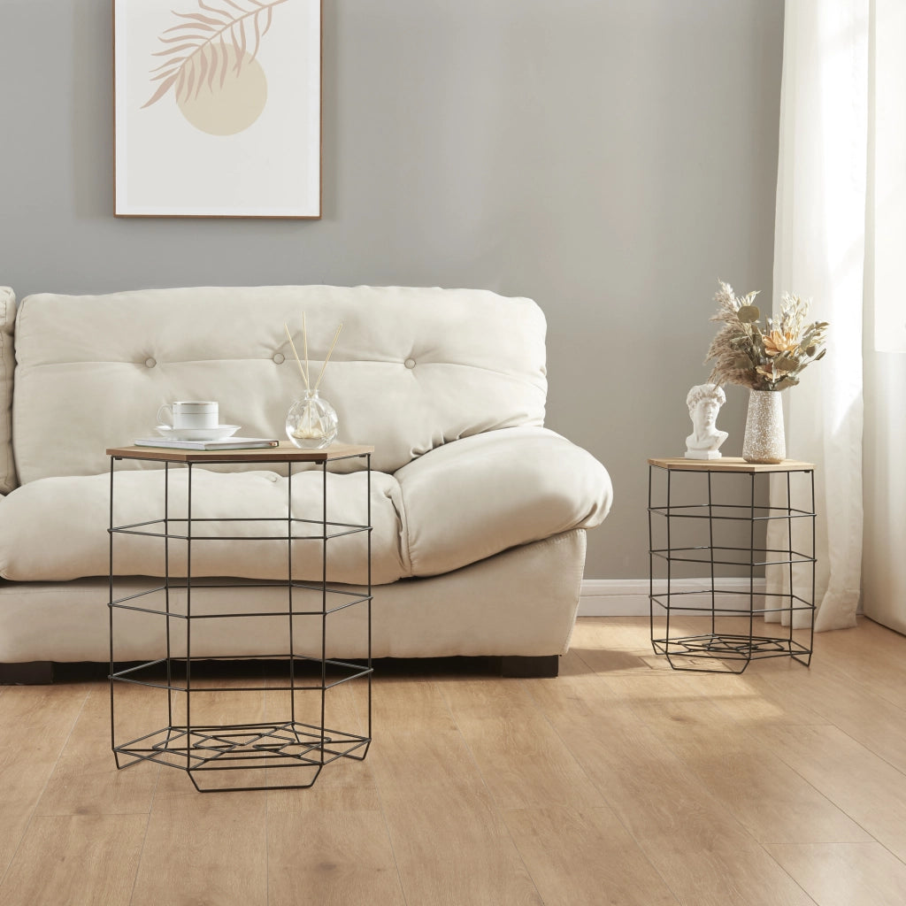 Set 'Hørsholm' da 2 Tavolini a Cestello in Misure Diverse 2 Tavolini Contenitori con Piano Esagonale Rimovibile Base in Metallo Nero Piano in Effetto Legno [en.casa]