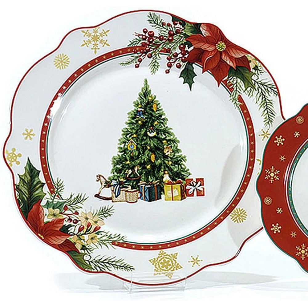 Trade Shop - Servizio Di Piatti Natalizi Da 18pz In Porcellana Per Festività Design Ondulato Elegante -