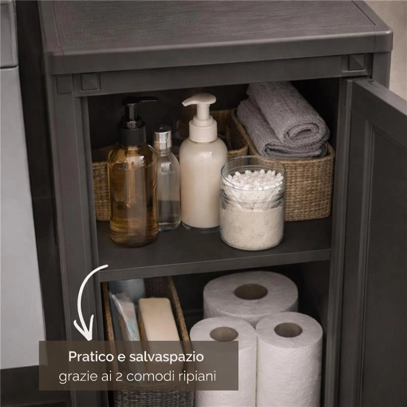 MOBILE BAGNO SALVASPAZIO 2 ANTE IN PLASTICA WENGÉ 40X43X85,5 CM – ARMADIETTO CONTENITORE CON RIPIANO INTERNO PER ASCIUGAMANI, CARTA IGIENICA E ORGANIZZAZIONE BAGNO