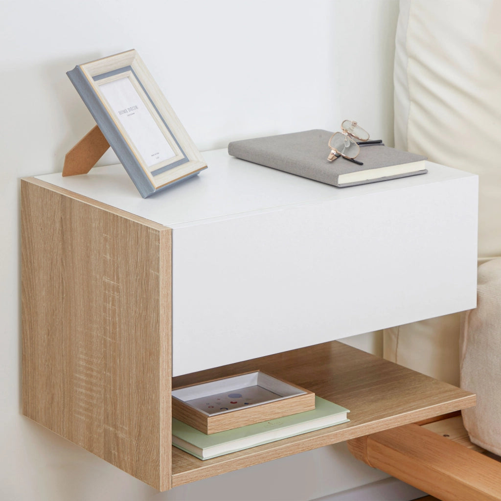 Tavolini da notte ¨C zephmum ¨C 2 pezzi, effetto rovere bianco, con cassetto e ripiano