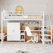 Letto a soppalco 140×200 cm con armadio; ripiani; scala portaoggetti e scrivania; senza materasso; metallo; bianco