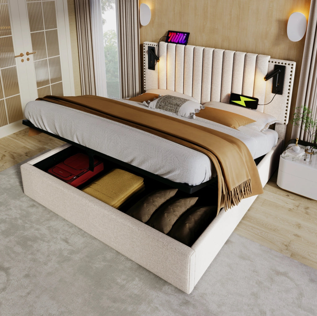 Letto matrimoniale beige 180x200 con contenitore, luce e USB-C