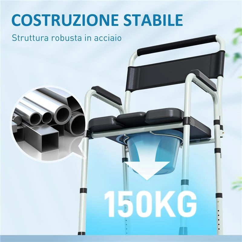 SEDIA WC PIEGHEVOLE E REGOLABILE CON BRACCIOLI E SCHIENALE IN ACCIAIO E PELLE PU 52.5X46X81.5-97 CM NERO