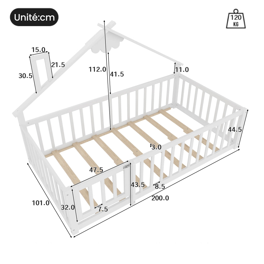 Letto a Casetta 90×190 cm; Letto Singolo per Bambini con Sponda con Chiusura; senza Materasso; Bianco