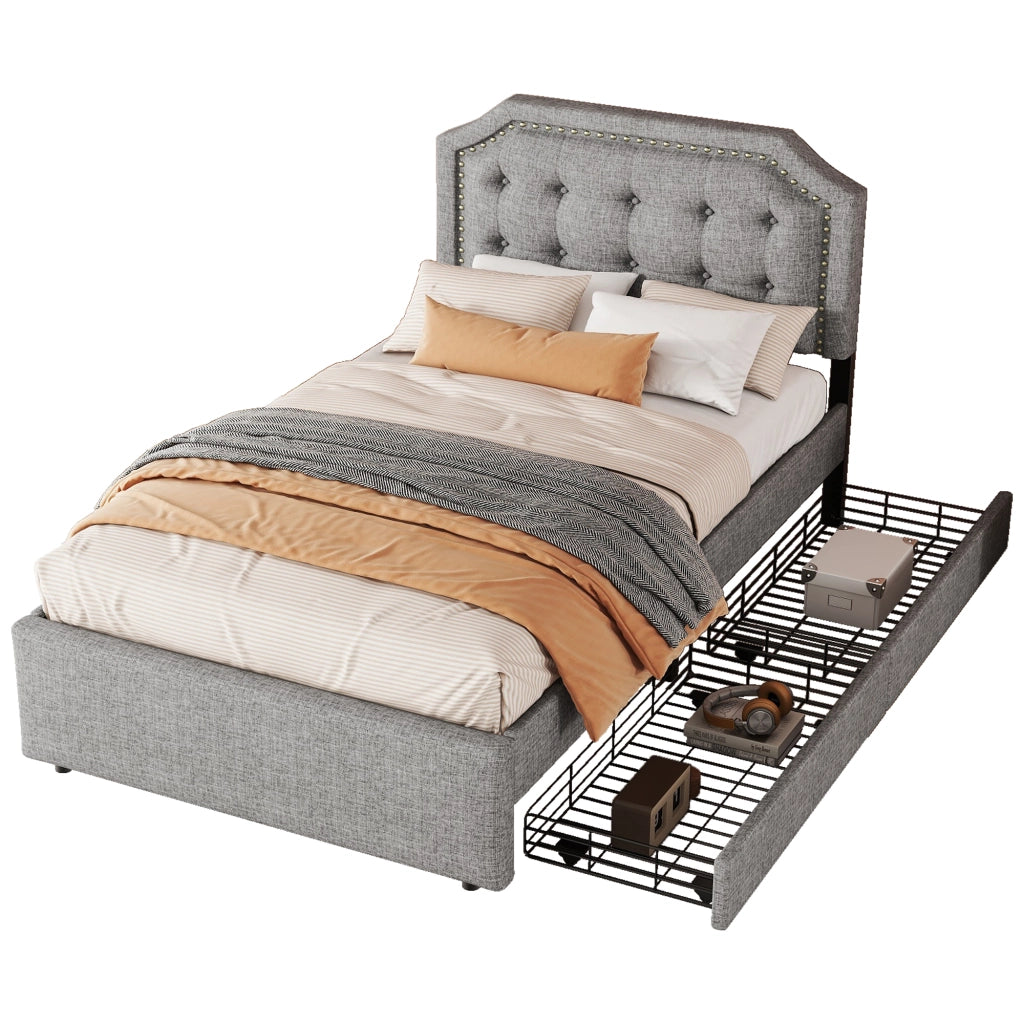 OKWISH Letto Singolo 90×200 cm con 2 Cassetti, Testiera Regolabile e Borchie Decorative, senza Materasso, in MDF, Grigio