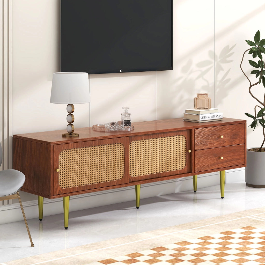 Mobile porta TV con ante scorrevoli in rattan, 2 cassetti, 4 vani e ripiani regolabili, MDF noce 160 × 40 × 60 cm