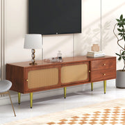 Mobile porta TV con ante scorrevoli in rattan, 2 cassetti, 4 vani e ripiani regolabili, MDF noce 160 × 40 × 60 cm