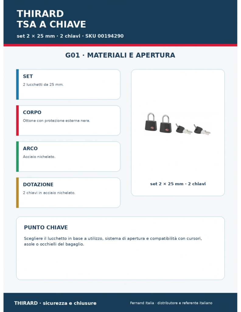 Set di 2 lucchetti TSA 25 mm per bagagli, arco nichelato, 2 chiavi – THIRARD