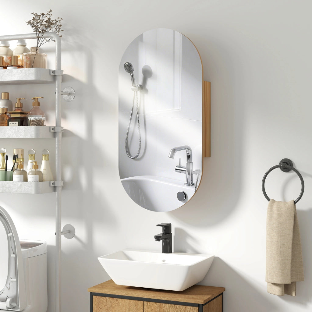 Armadietto bagno con specchio ovale 45x90 cm ¨C zephmum ¨C legno naturale