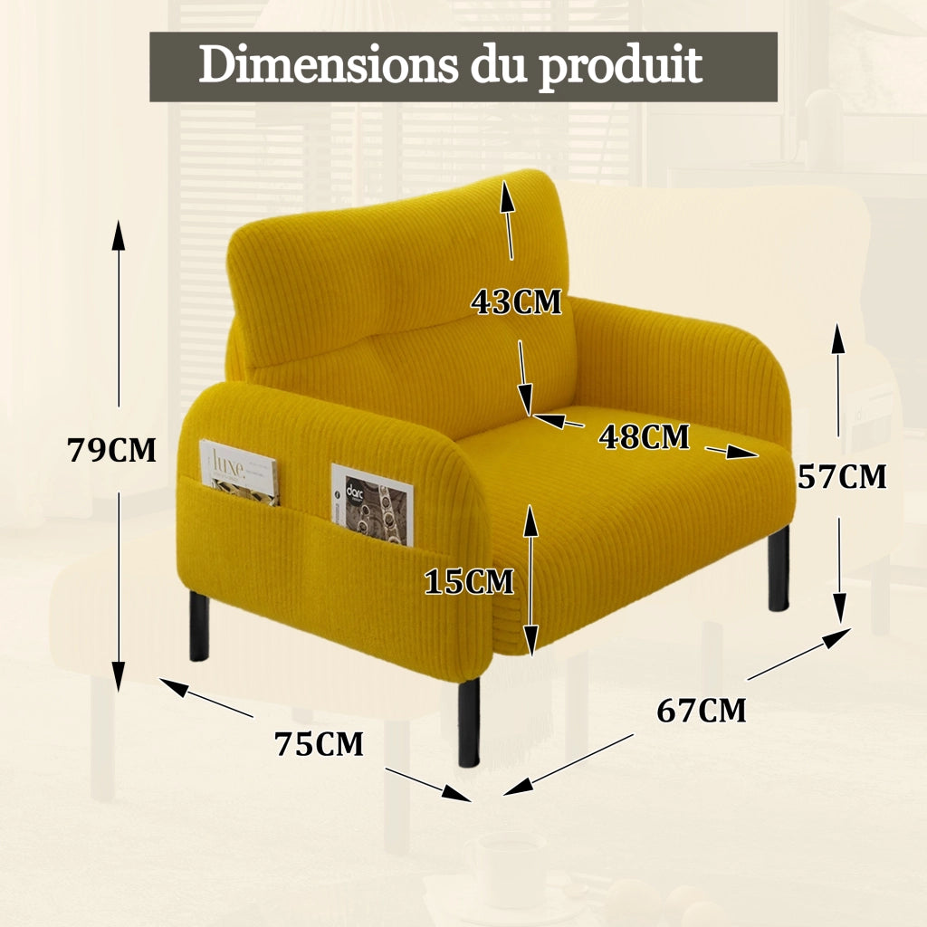 Poltrona con Tasca Laterale e Seduta Profonda; Schienale Ergonomico; in Velluto a Coste Giallo 67 × 75 × 79 cm