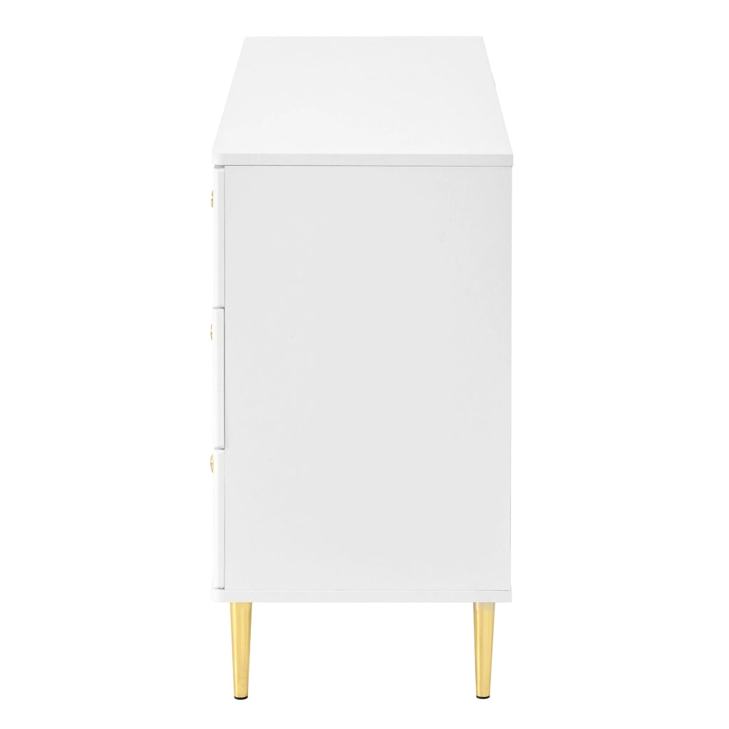 Credenza con 6 cassetti e dettagli ovali, piedi in metallo, per soggiorno e ingresso, bianco, 120 × 40 × 75 cm