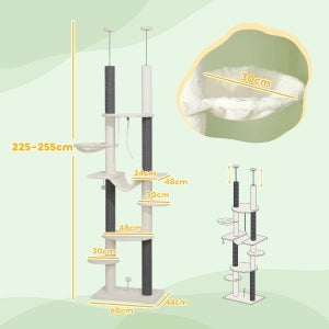 Albero tiragraffi da soffitto 225-255 cm con 2 amache, piattaforme e protezione antiribaltamento, bianco