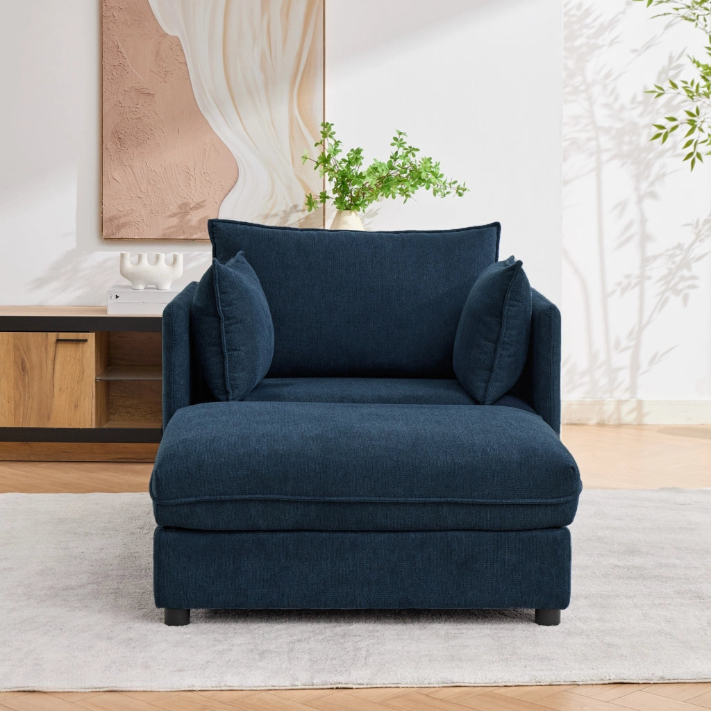 Poltrona lounge modulare in velluto blu con pouf contenitore separato