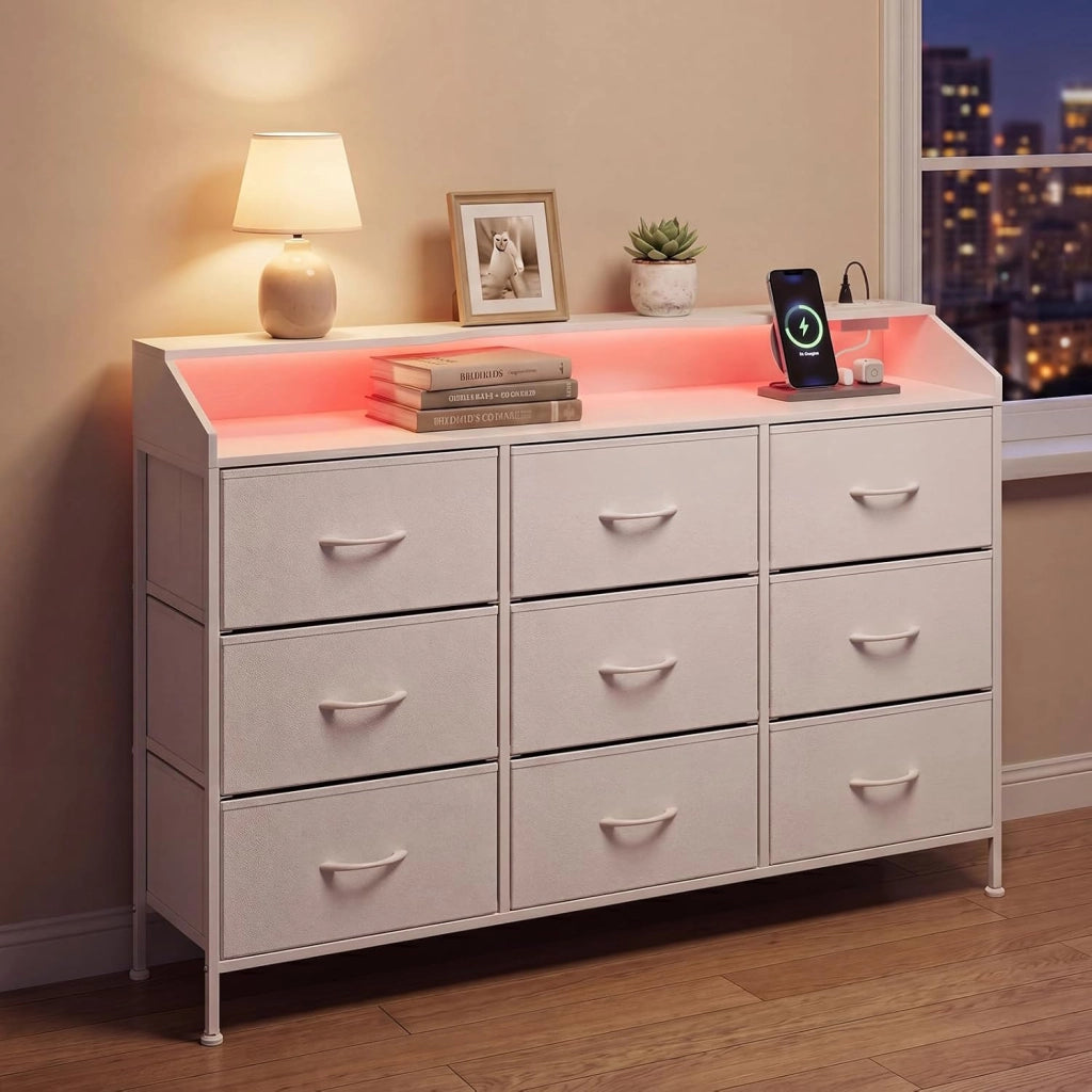 Cassettiera Camera da Letto con 9 Cassetti in Tessuto, Stazione di Ricarica e Luci LED, Cassettiera Armadio con Struttura in Metallo e 2 Dispositivi Anti-ribaltamento per Ingresso, Soggiorno