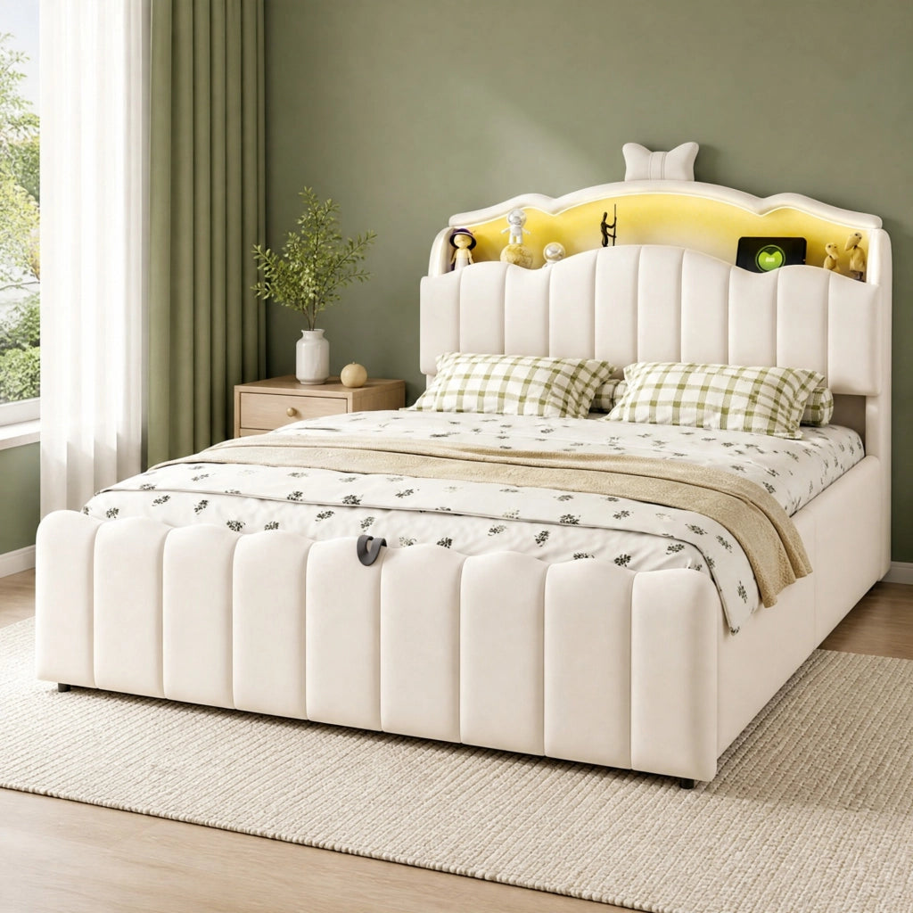 Letto per bambini 140 × 200 cm con contenitore idraulico, luci LED a colori, USB e USB-C, velluto beige, senza materasso