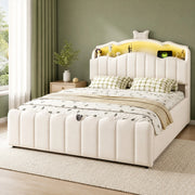 Letto per bambini 140 × 200 cm con contenitore idraulico, luci LED a colori, USB e USB-C, velluto beige, senza materasso