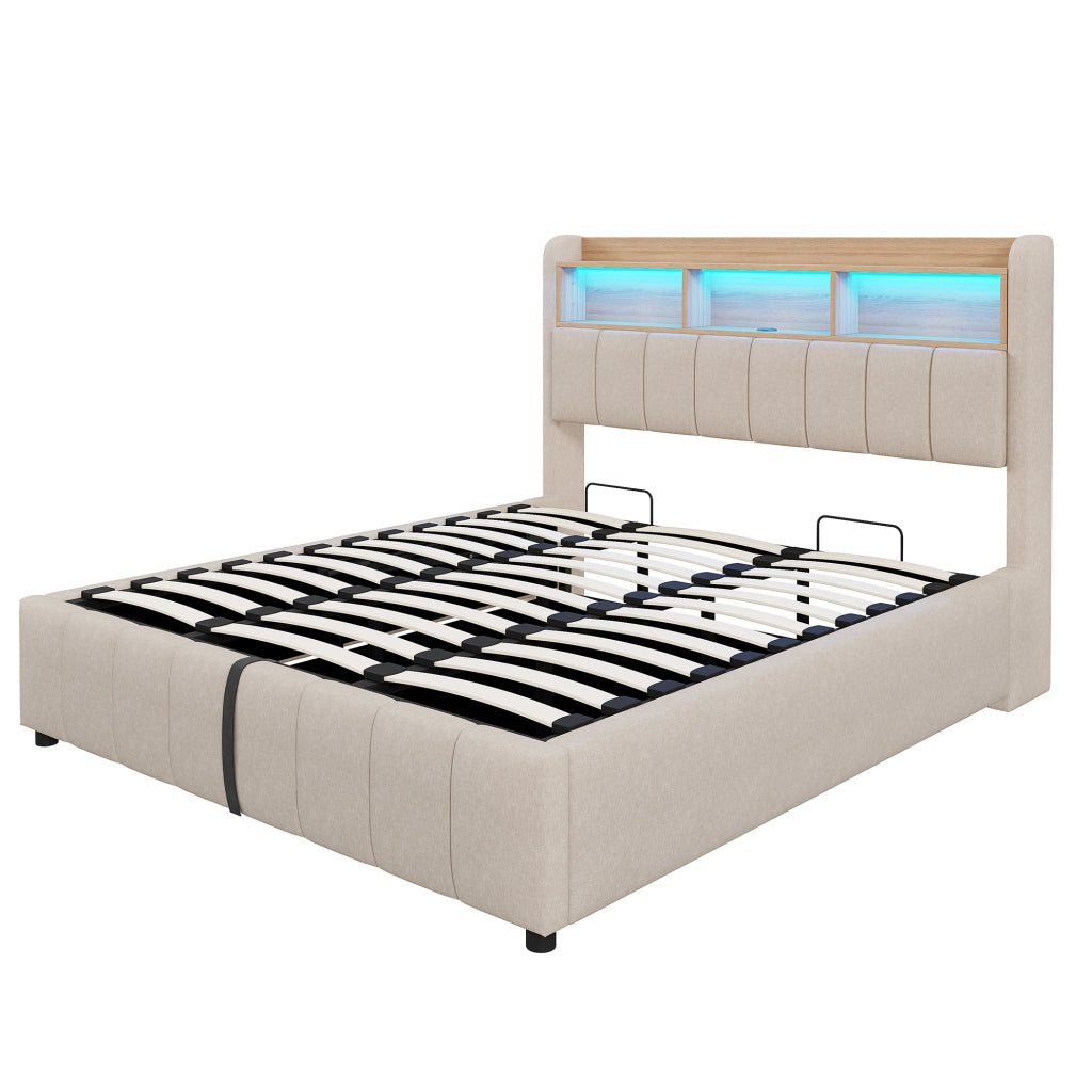 Letto matrimoniale imbottito 180x200 cm con LED; USB e contenitore; in lino beige