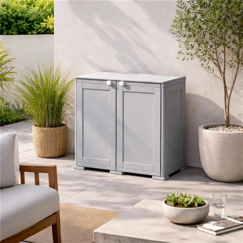 ARMADIO DA ESTERNO COPERTO GRIGIO 2 RIPIANI 79X43X85,5 CM CON MODULO E RIPIANO – MOBILE ORGANIZZATORE COMPATTO