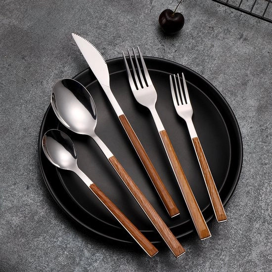 Set di cucchiai in legno imitato con manico in acciaio inox 430, 5 pezzi